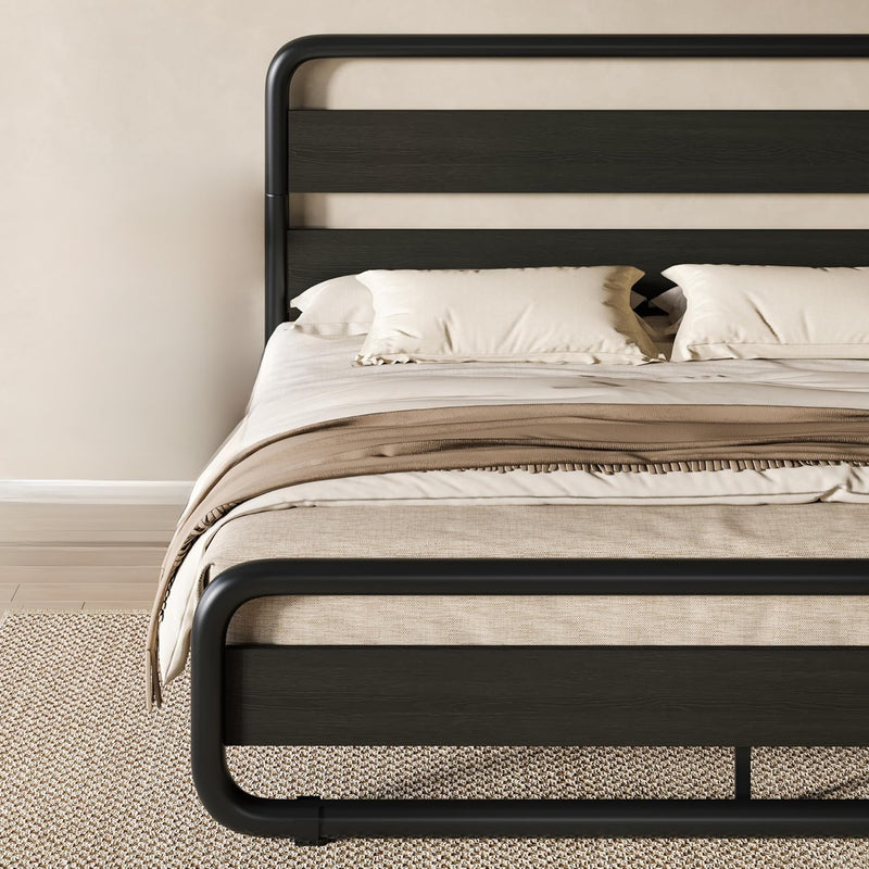 Metal Bed Frame with Wooden Headboard and Footboard, Heavy Duty Oval Platform Bed Frame with 10 Inches of Underbed Storage, No Springs Required