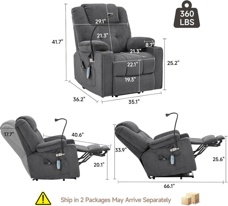 Power Recliner Chair with Massage and Heat Function, Velvet Fabric Electric Recliner with Extended Footrest, USB Port, Cup Holders