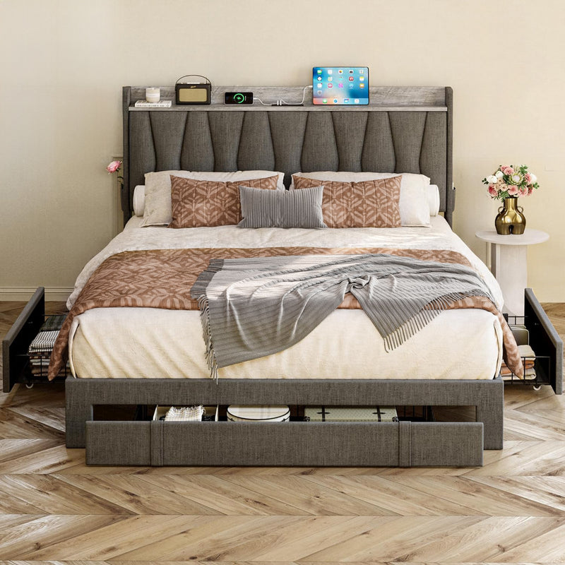 Bed Frame with 3 Drawers, Upholstered Platform Bed with Storage Headboard and Charging Cradle, No Box Spring Needed