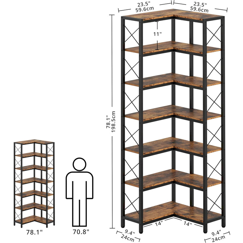 7-Tier Industrial Corner Bookshelf, Corner Shelf, Tall Storage Display Rack with Metal Frame, for Living Room, Home Office