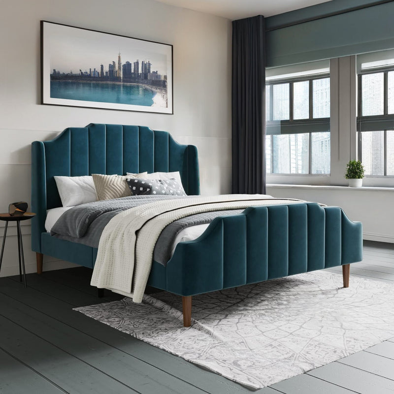 Velvet Upholstered Queen Size Bed Frame with Modern Arc Headboard, Strong Wood Slats