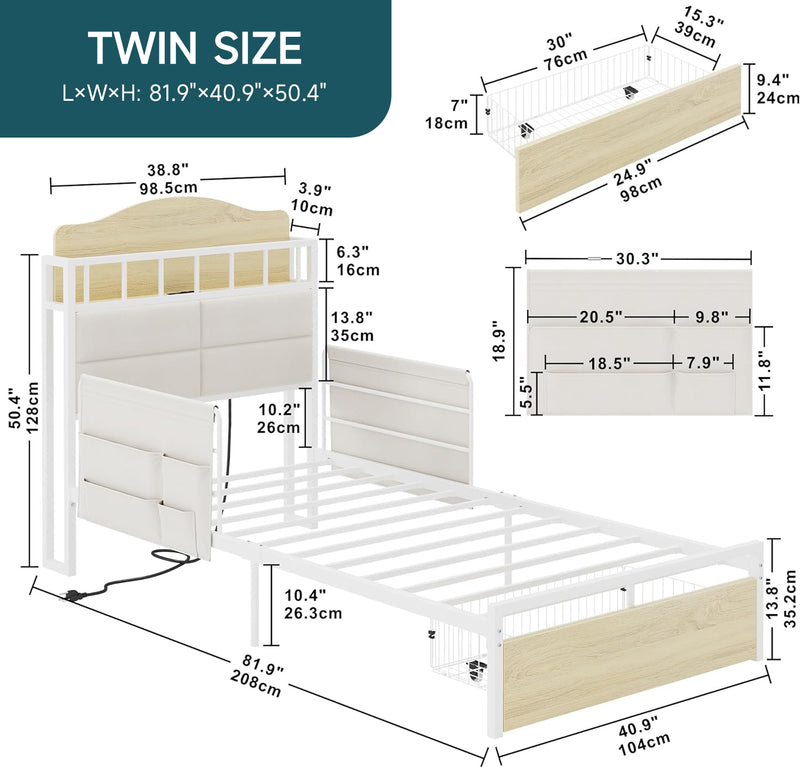 Twin Size Bed Frame with Storage, Multifunctional Metal Platform Bed with Charging Station, White