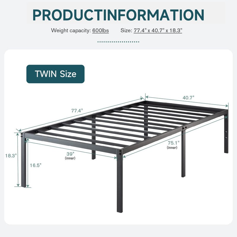 Twin Size Heavy Duty Metal Platform Bed Frame with Extra Large Underbed Storage, No Springs Required