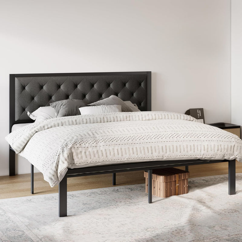 Upholstered Headboard Bed Frame, Chic Diamond Seam Tufting Design, No Springs Required, Dark Gray