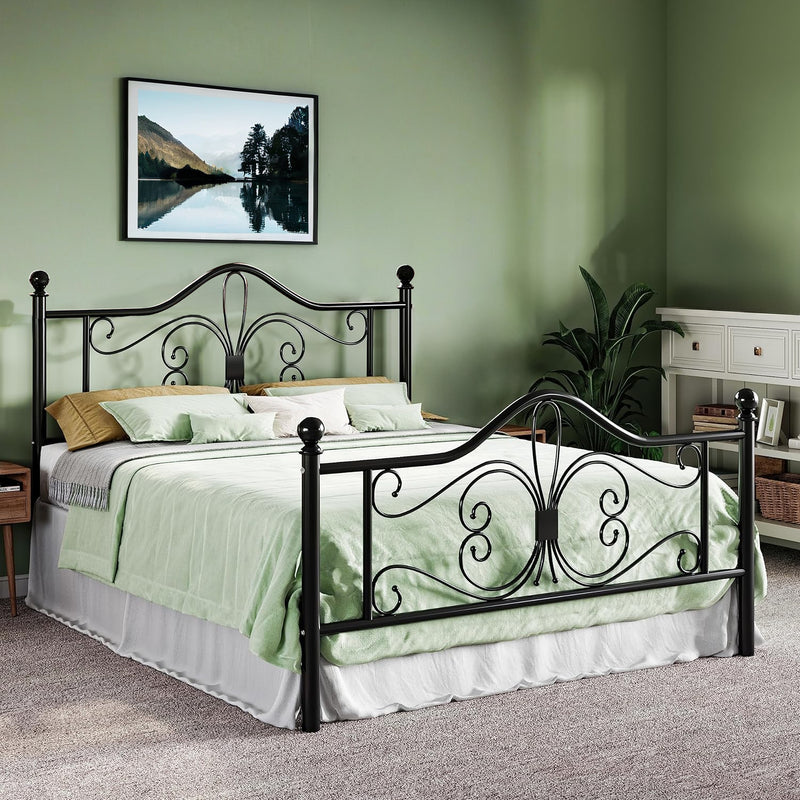 Metal Bed Frame with Butterfly-Patterned Headboard, No Springs Required