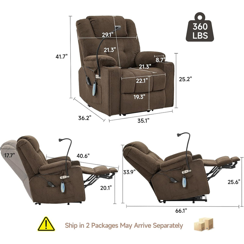 Power Recliner Chair with Massage and Heat Function, Velvet Fabric Electric Recliner with Extended Footrest, USB Port, Cup Holders