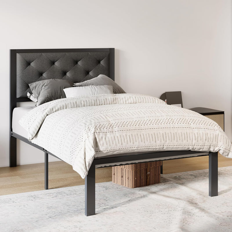 Twin Bed Frame with Upholstered Headboard, Chic Diamond Stitch Tufting Design, No Springs Required, Dark Gray