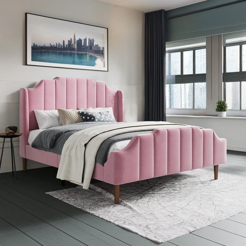 Velvet Upholstered Queen Size Bed Frame with Modern Arc Headboard, Strong Wood Slats