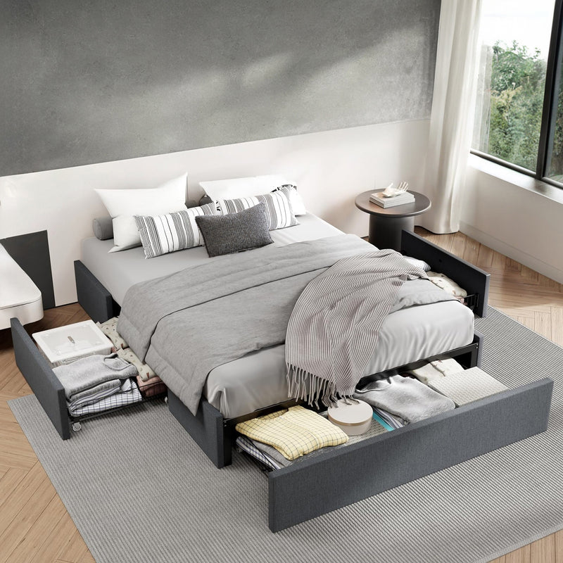 Upholstered Platform Bed Frame with 3 Storage Drawers, No Headboard, No Springs Required, Dark Grey