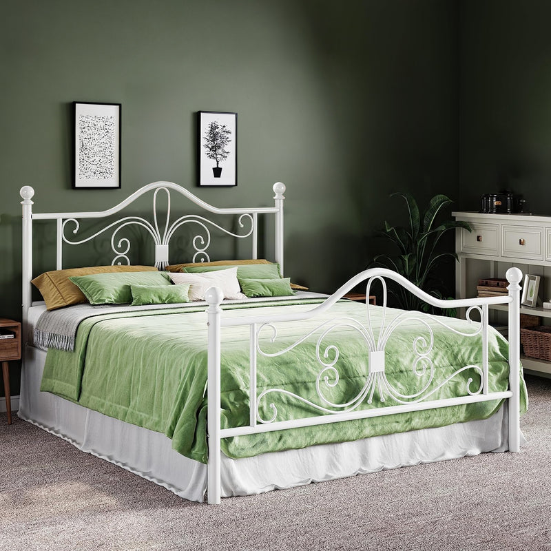 Metal Bed Frame with Butterfly-Patterned Headboard, No Springs Required