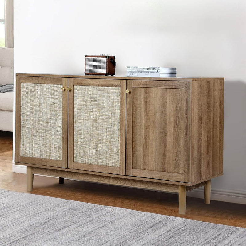 Storage Cabinet with Rattan Decorative Doors, Sideboard Cabinet with 3 Doors