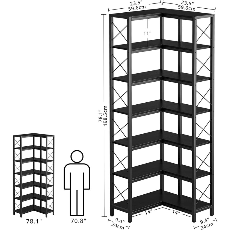 7-Tier Industrial Corner Bookshelf, Corner Shelf, Tall Storage Display Rack with Metal Frame, for Living Room, Home Office