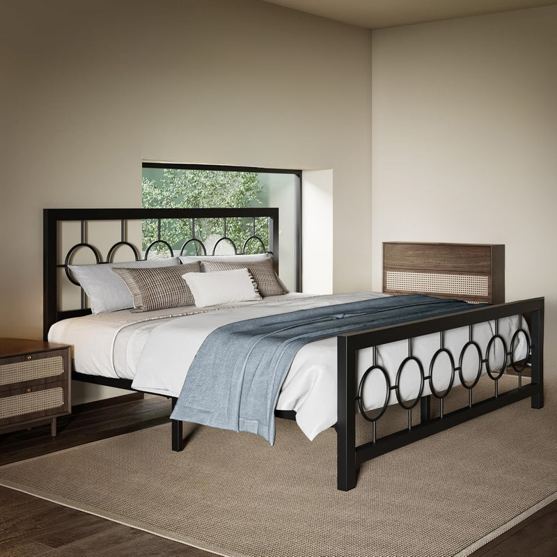 Modern Vintage Style Headboard Metal Bed Frame, No Springs Required