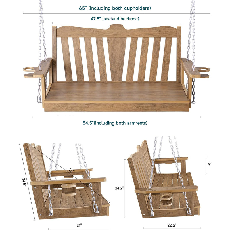 2 Seaters Bench Swing with Adjustable Chains, Swing Chair Bench with Two Cup holders