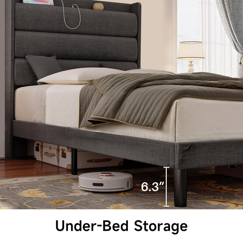 Twin Size Bed Frame With Storage Headboard and Outlets, Gray