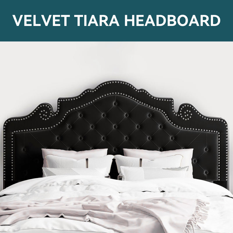 Upholstered Button Tufted Platform Bed with Adjustable Velvet Tiara Headboard No Springs Required, Black