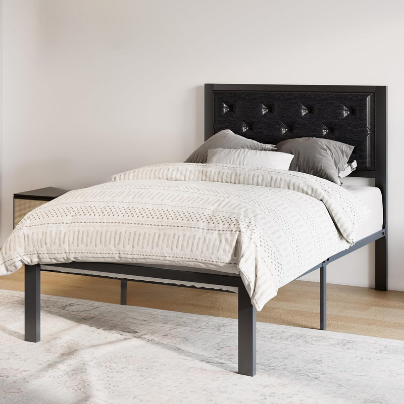 Twin Headboard Bed Frame with Faux Leather Upholstery, Chic Diamond Stitch Tufting Design, No Springs Required