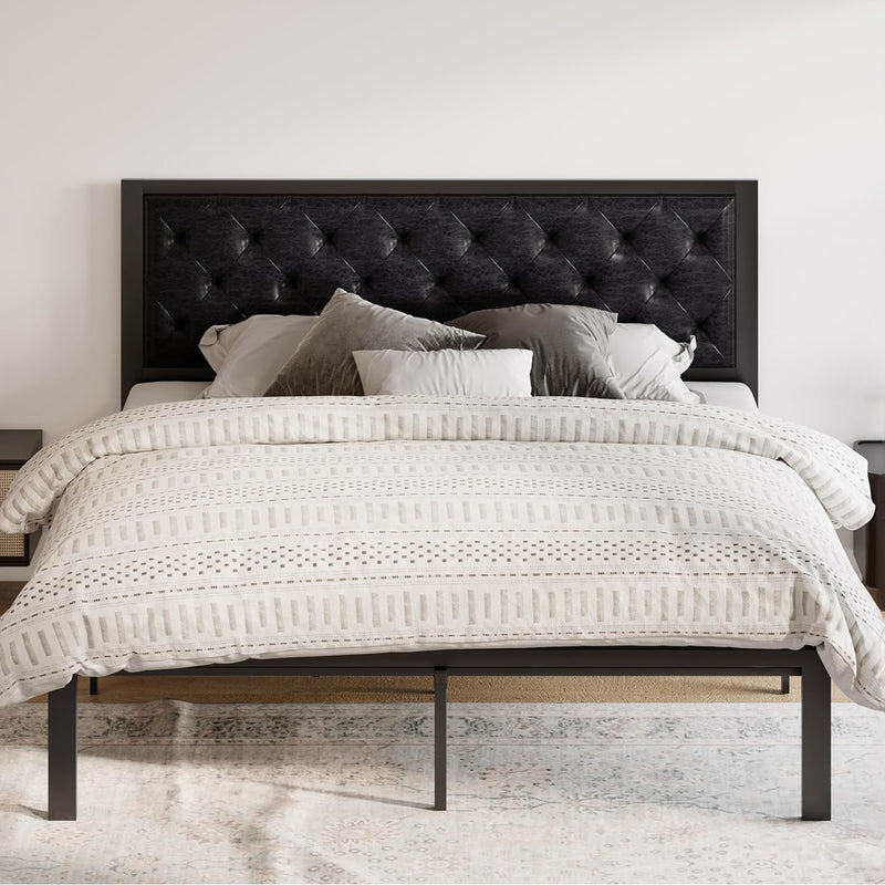 Faux Leather Upholstered Headboard Bed Frame with Chic Diamond Stitch Tufting Design, No Springs Required