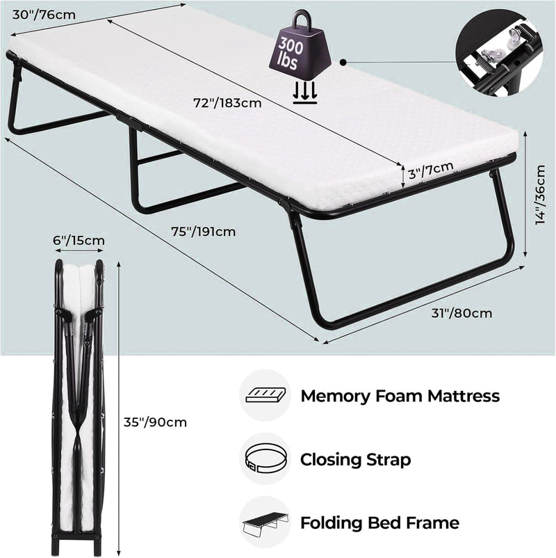 Adult Folding Portable Bed with Wheels, Metal Bed Frame with Memory Foam Mattress, No Assembly Needed