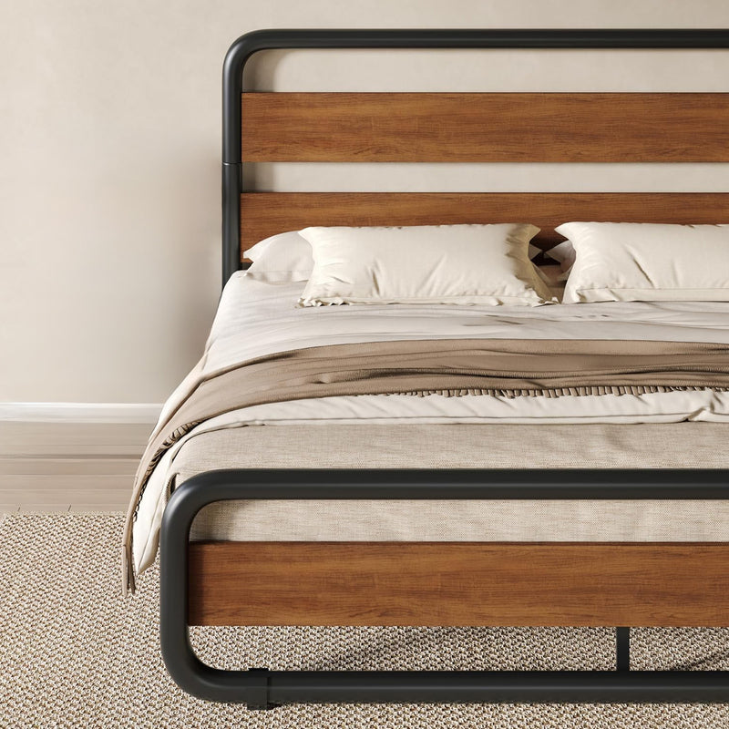 Metal Bed Frame with Wooden Headboard and Footboard, Heavy Duty Oval Platform Bed Frame with 10 Inches of Underbed Storage, No Springs Required