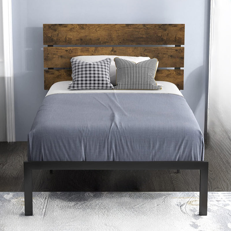 Platform Bed Frame with Wooden Headboard and Metal Slats, Queen/Full/Twin Size