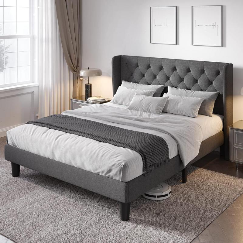 Upholstered Platform Bed with Button Tufted Wingback Headboard, Wooden Slats Support, No Box Spring Needed, Noise Free