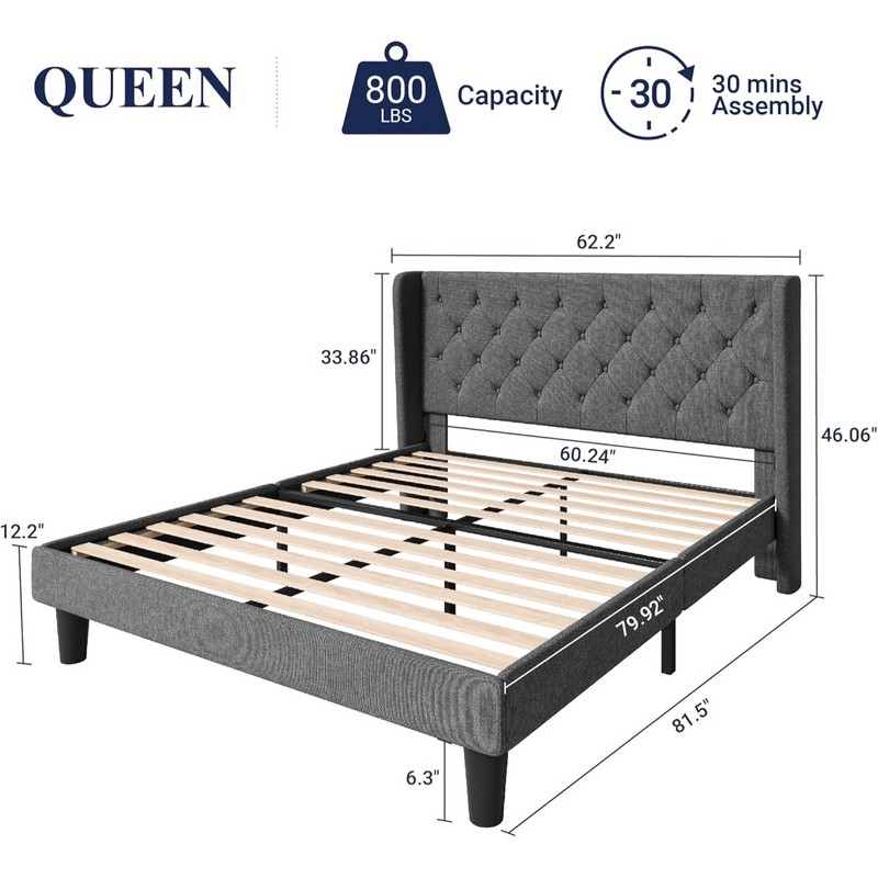 Upholstered Platform Bed with Button Tufted Wingback Headboard, Wooden Slats Support, No Box Spring Needed, Noise Free