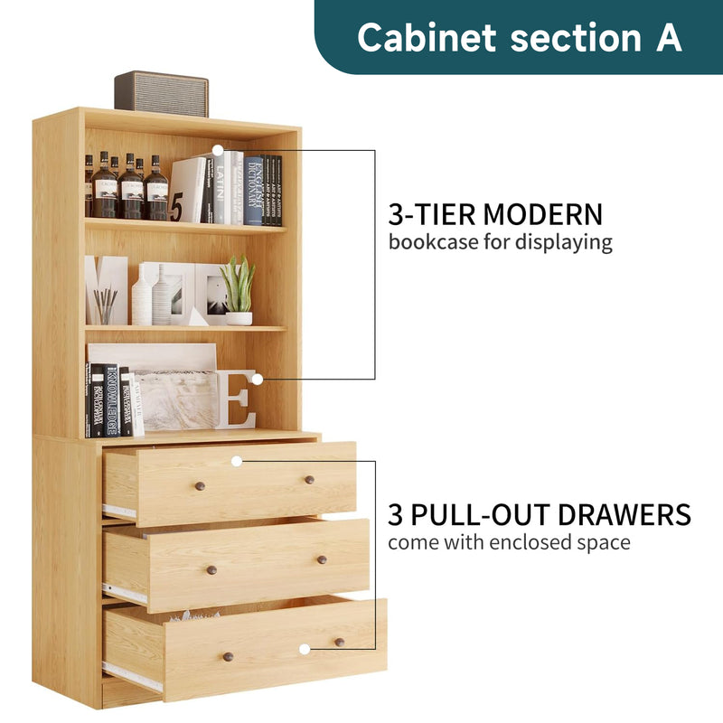 Combination Bookcase 2-Piece Set, 71-inch Bookcase with Drawers Shelves, 5-layer Storage Cabinet with Glass Doors