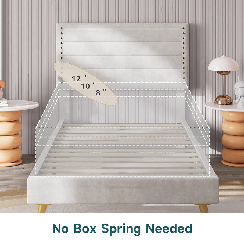 Twin Size Bed Frame with Upholstered Headboard and Wooden Slats Support, Beige