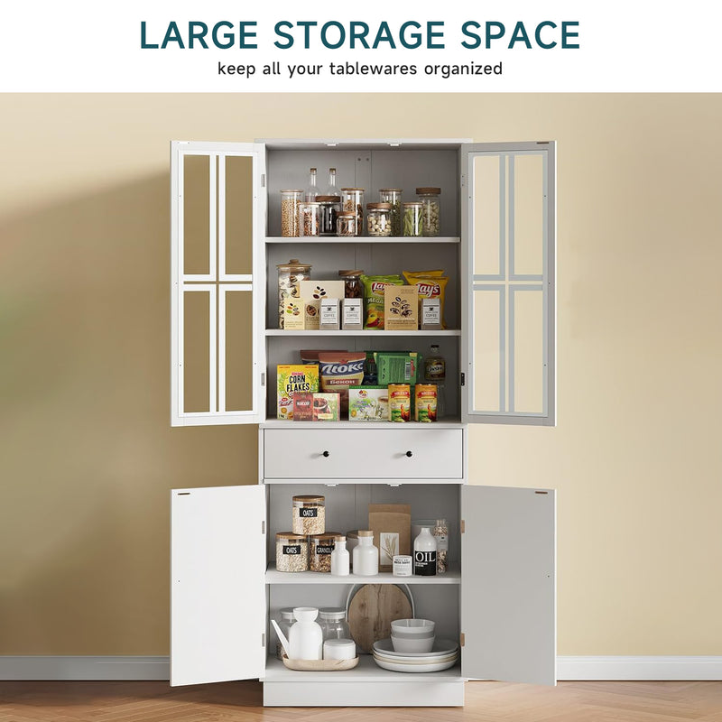 Tall Kitchen Storage Cabinet, Freestanding Storage Cabinet with 4 Doors and Large Drawer, Modern Food Storage Cabinet with 3 Adjustable Shelves