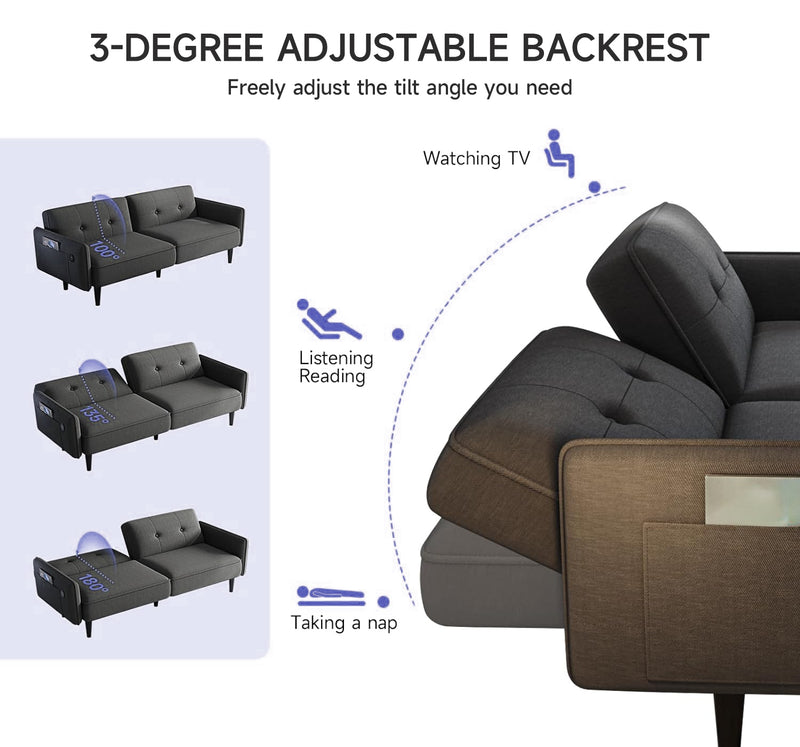 83" Loveseat Sofa Bed, Convertible Sleeper Couch Bed with Storage Pocket, Sleeper Sofa Bed with 3 Level Adjustable Backrest and Charging Port