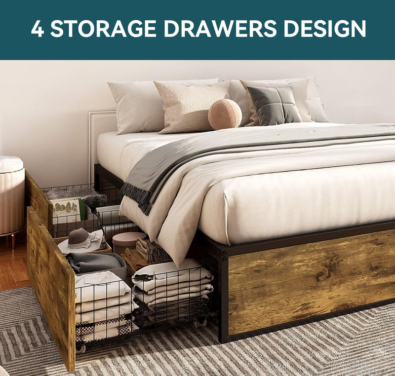 Heavy Duty Metal Bed Frame with 4 Large Storage Drawers, No Springs Required