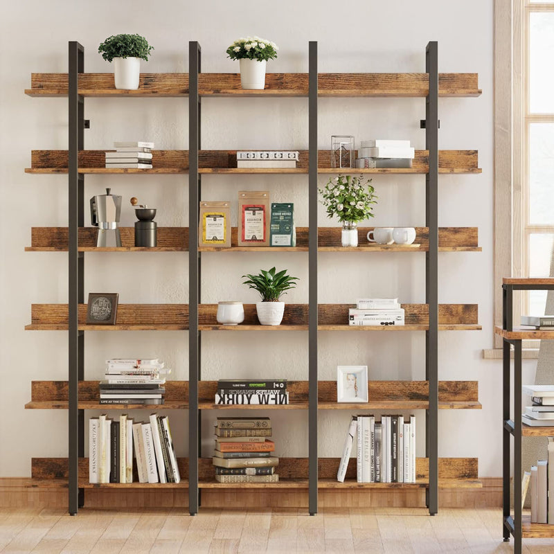 Open Bookshelf, Display shelf Triple Wide 6 Tiers Large Open Shelves,Bookcase and Bookshelves,  Etagere Bookcases with Back Fence