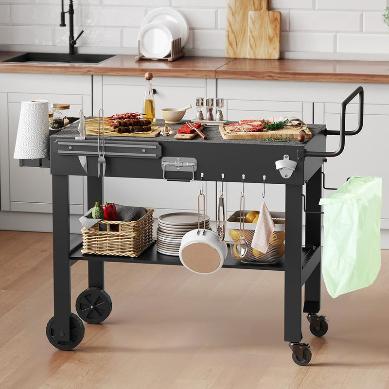 Foldable Grill Cart with Locking Wheels, Portable Outdoor Grill Table with Large Workspace for Pizza Oven, Griddle and BBQ Grill