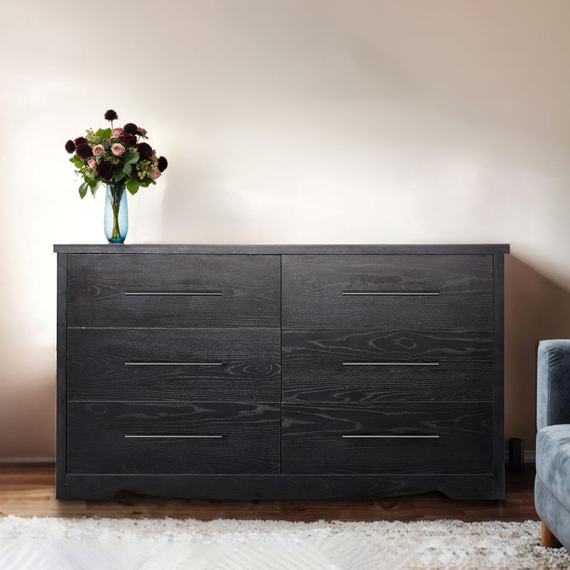 55" Dressers with 6 Drawer Dresser Chests of Drawers with Metal Handles, Black