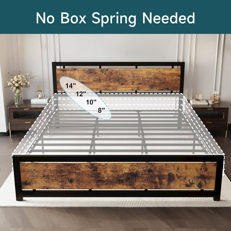 Industrial Platform Bed Frame with Headboard and Footboard, Strong Supports, Noise-Free, No Box Spring Required