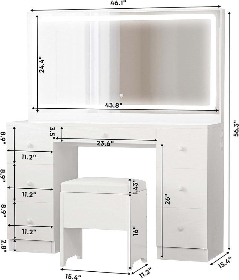 Makeup Vanity Dressing Desk Set with LED Lighted Mirror & Power Outlet, 7 Drawers