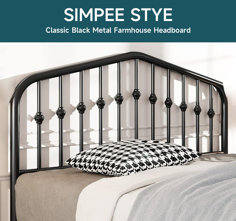 Vintage Metal Platform Bed Frame with Headboard and Footboard, No Springs Required, Black