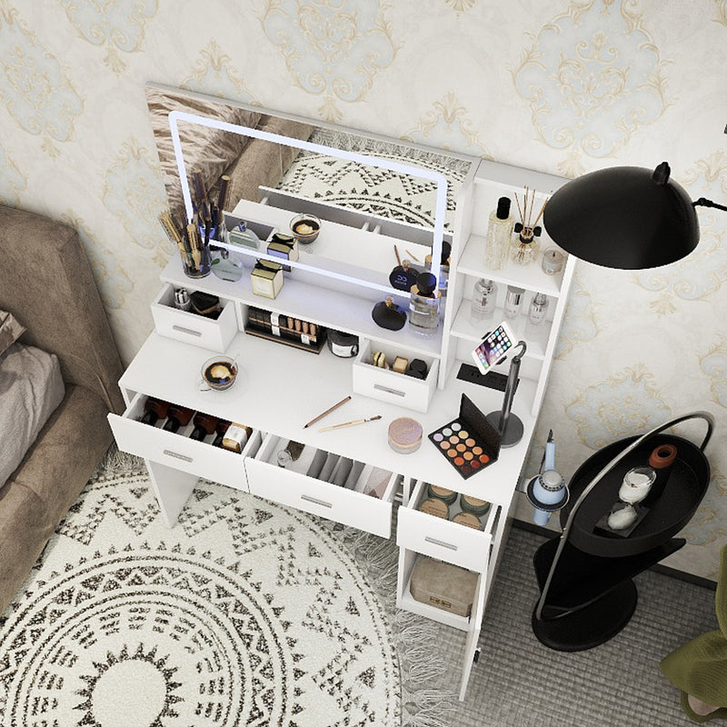 Dressing Table with Drawers, Storage Cabinet, Power Outlet and Light Mirror