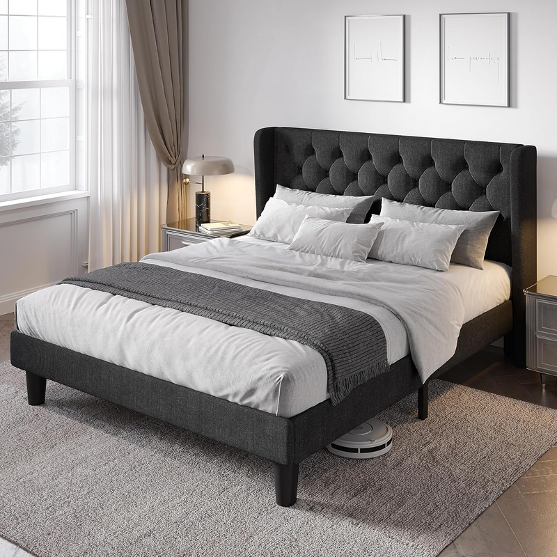 Upholstered Platform Bed with Button Tufted Wingback Headboard, Wooden Slats Support, No Box Spring Needed, Noise Free