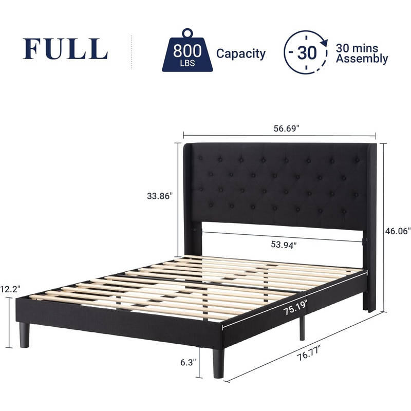 Upholstered Platform Bed with Button Tufted Wingback Headboard, Wooden Slats Support, No Box Spring Needed, Noise Free