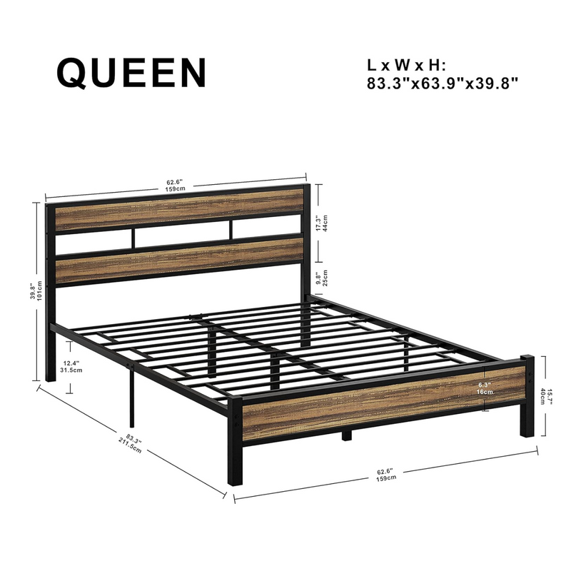 Platform Bed Frame with Headboard, Queen/King Size, No Box Spring Required