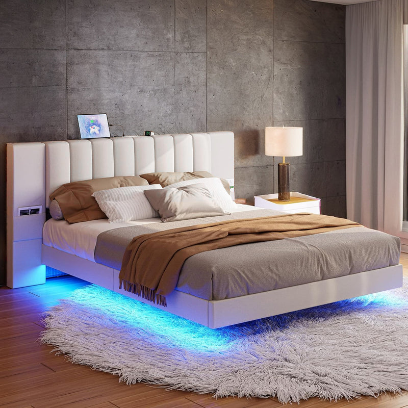 Floating Bed Frame with Headboard, Led Light Strip, No Box Spring Required