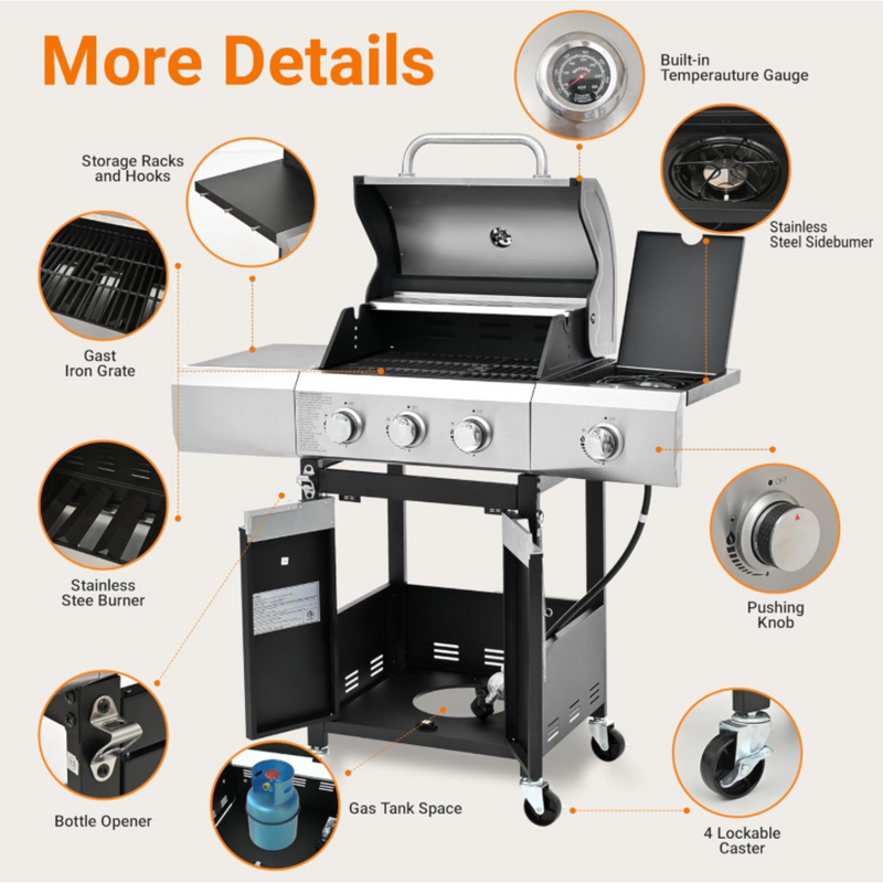 Propane Gas Grill with 40,500 BTU, 3-Burner Stainless Steel BBQ Grill with Side Burner and Knob Controls, Outdoor Barbecue Grill