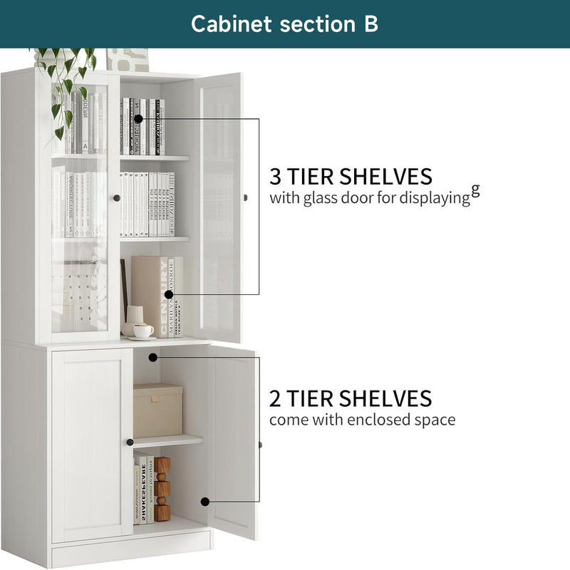 Combination Bookcase 4-Piece Set, 2pcs 71-inch Bookcase with Drawers Shelves, 2pcs 5-layer Storage Cabinet with Glass Doors