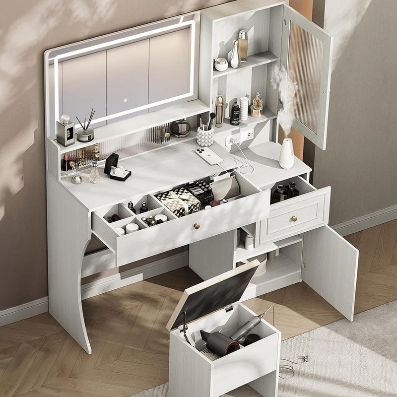 Vanity Table Set with LED Mirror, Drawers, Power Outlet, Storage Cabinet, Storage Stool