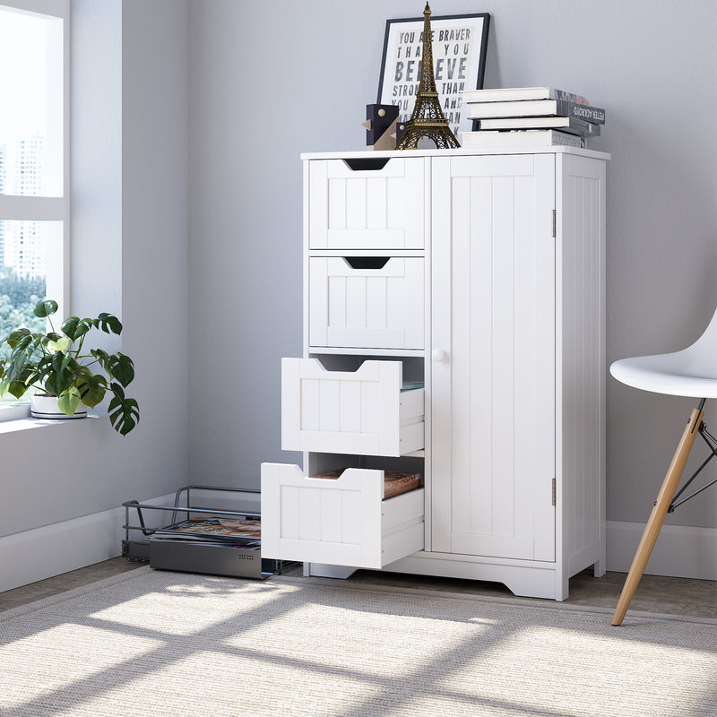 Bathroom Storage Cabinet, Wooden Organizer with 4 Drawers and Adjustable Shelves