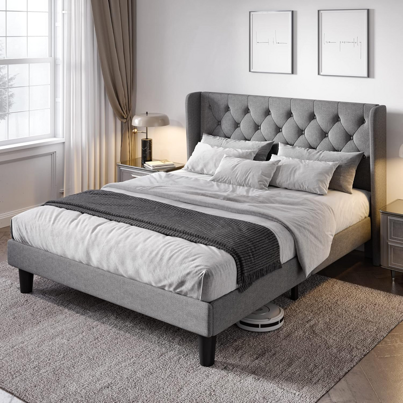 Upholstered Platform Bed with Button Tufted Wingback Headboard, Wooden Slats Support, No Box Spring Needed, Noise Free