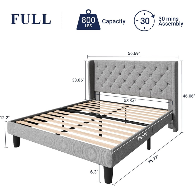 Upholstered Platform Bed with Button Tufted Wingback Headboard, Wooden Slats Support, No Box Spring Needed, Noise Free