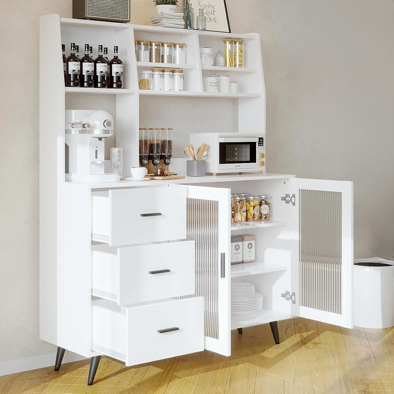 Freestanding Kitchen Sideboard, Kitchen Pantry Cabinet with Microwave Shelf, with Glass Door and 3 Drawers